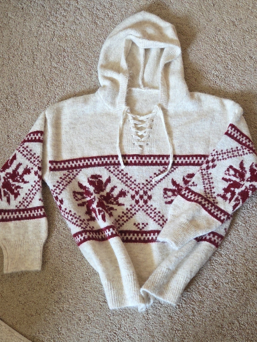 SHEIN Cream Hooded Lace-Up Sweater with Burgundy Snowflake Motif